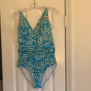 Old Navy One piece faux tankini, size M, teal/white